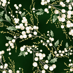 Hoffman 3299-800 Winterbessen & Hulst op Donkergroen – Luxe Kerststof met Goudaccenten